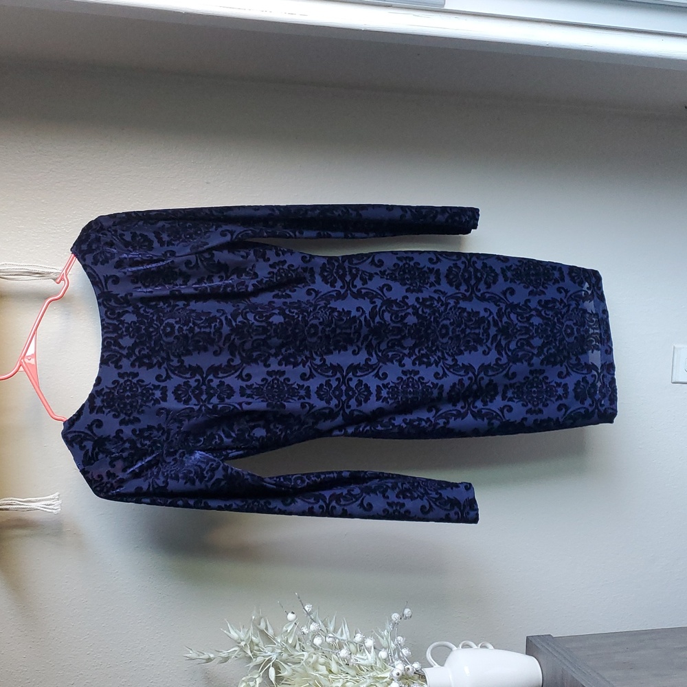 Windsor Navy Velvet Dress with Black Floral Design